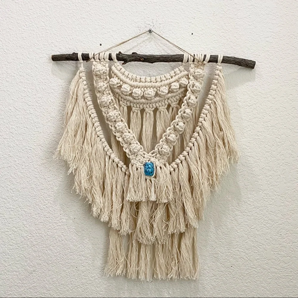 Cotton Macrame Woven Cord Tree Branch Stick Boho Hanging Wall Decor 19”X18”